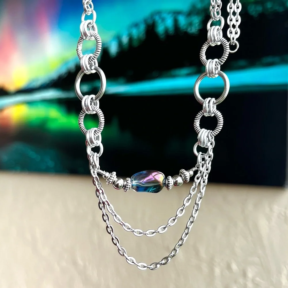 Handmade maille choker necklace blue purple aura crystal stainless steel chain - Picture 7 of 14